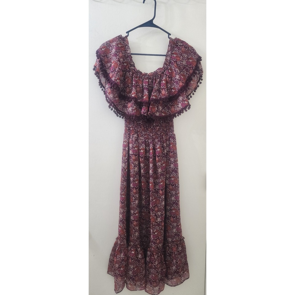 MISA Los Angeles Floral Maxi Dress XS Purple Smocked Pom Pom Ruffle Off Shoulder